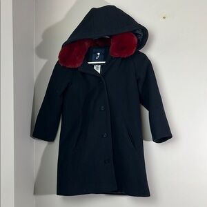 Jacadi Navy Coat with Red Fur Trim